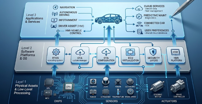 layered automotive technology stack diagram showing hardware software and services integration