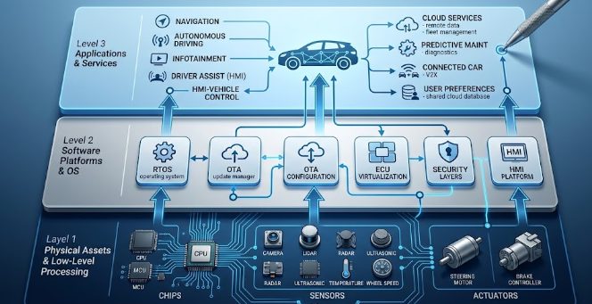layered automotive technology stack diagram showing hardware software and services integration