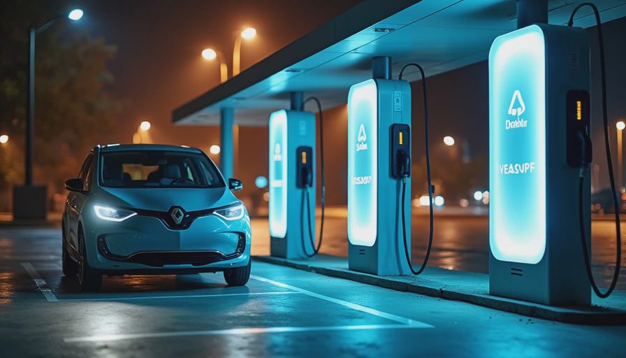 EV charging station in operation at night with vehicles plugged in
